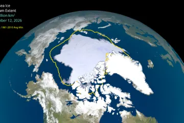 Globe view of the Arctic with white sea ice around the pole, a yellow line marking the 1981–2010 average edge