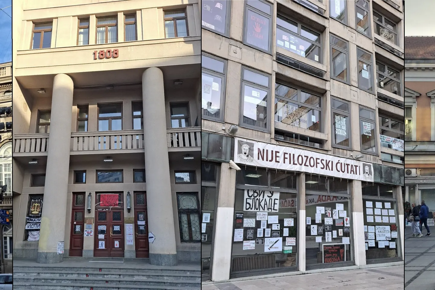 Four views of university buildings in Belgrade hung with protest banners and covered in posters