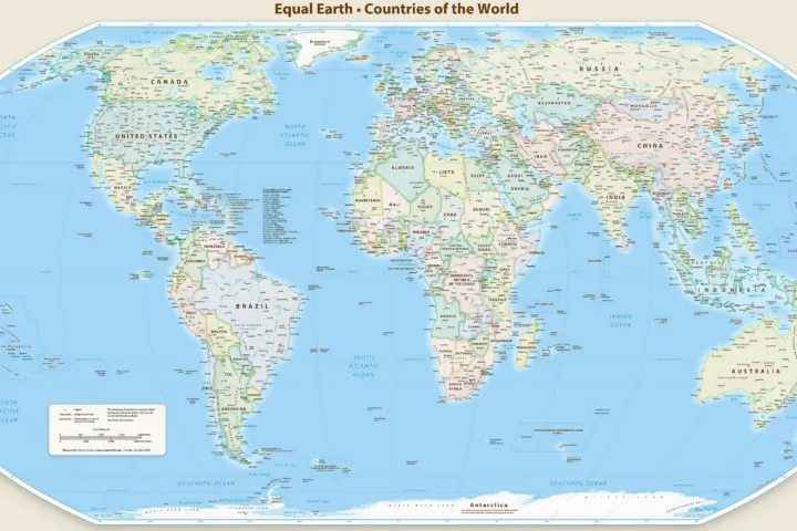 World political map in the rounded Equal Earth projection, with countries in pastel colours on a blue ocean